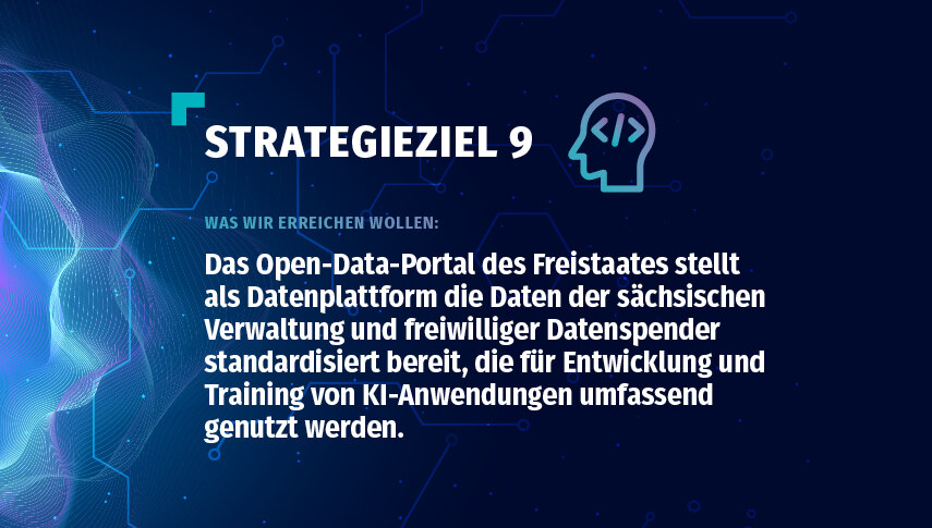 Text auf Bild: »Strategieziel 9 – Was wir erreichen wollen: Das Open-Data-Portal des Freistaates stellt als Datenplattform die Daten der sächsischen Verwaltung und freiwilliger Datenspender standardisiert bereit.«