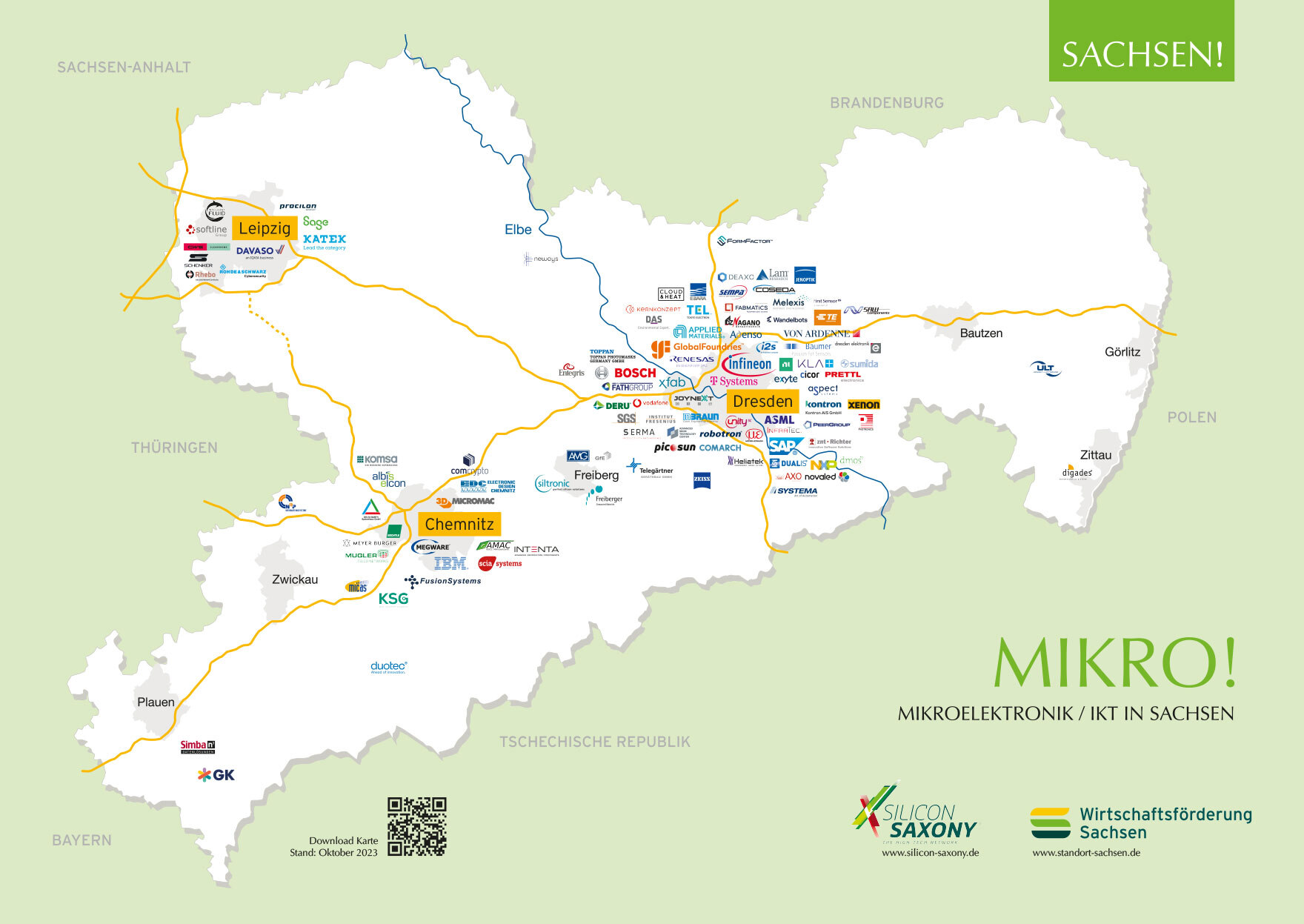 Karte mit Logos ausgewählter Unternehmen aus dem Bereich IKT / Mikroelektronik in Sachsen