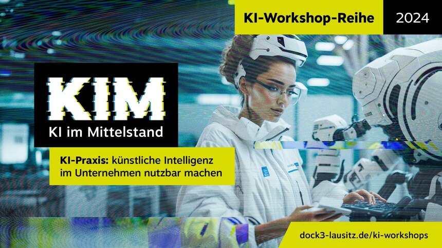 Ein Teaserbild für die Lausitzer KI-Workshops, auf dem eine Frau zu sehen ist, die an einem Roboter arbeitet.